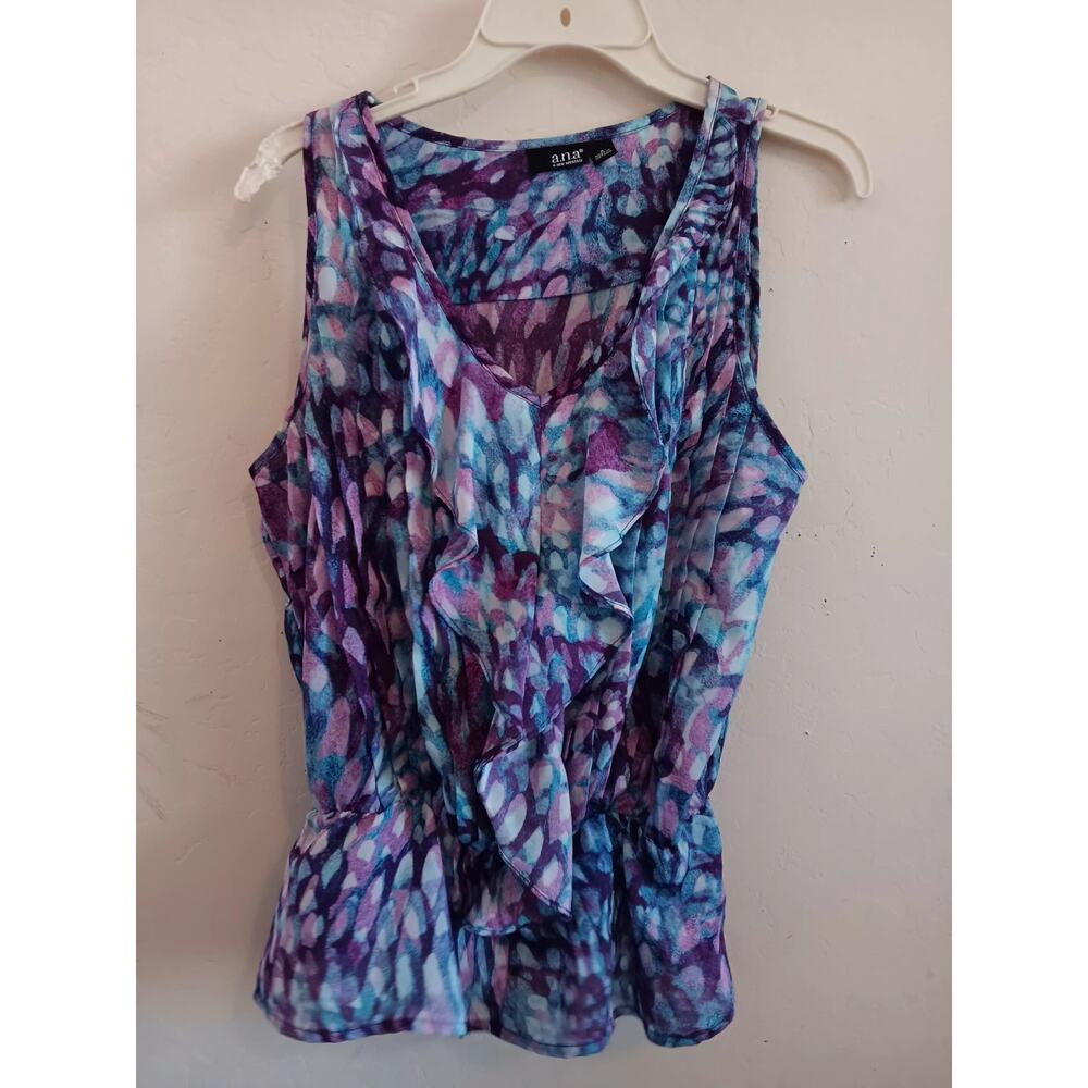 A.N.A Blouse Women's Sz Small Bold Colorful Sleeveless Boho Ruffle Multicolor